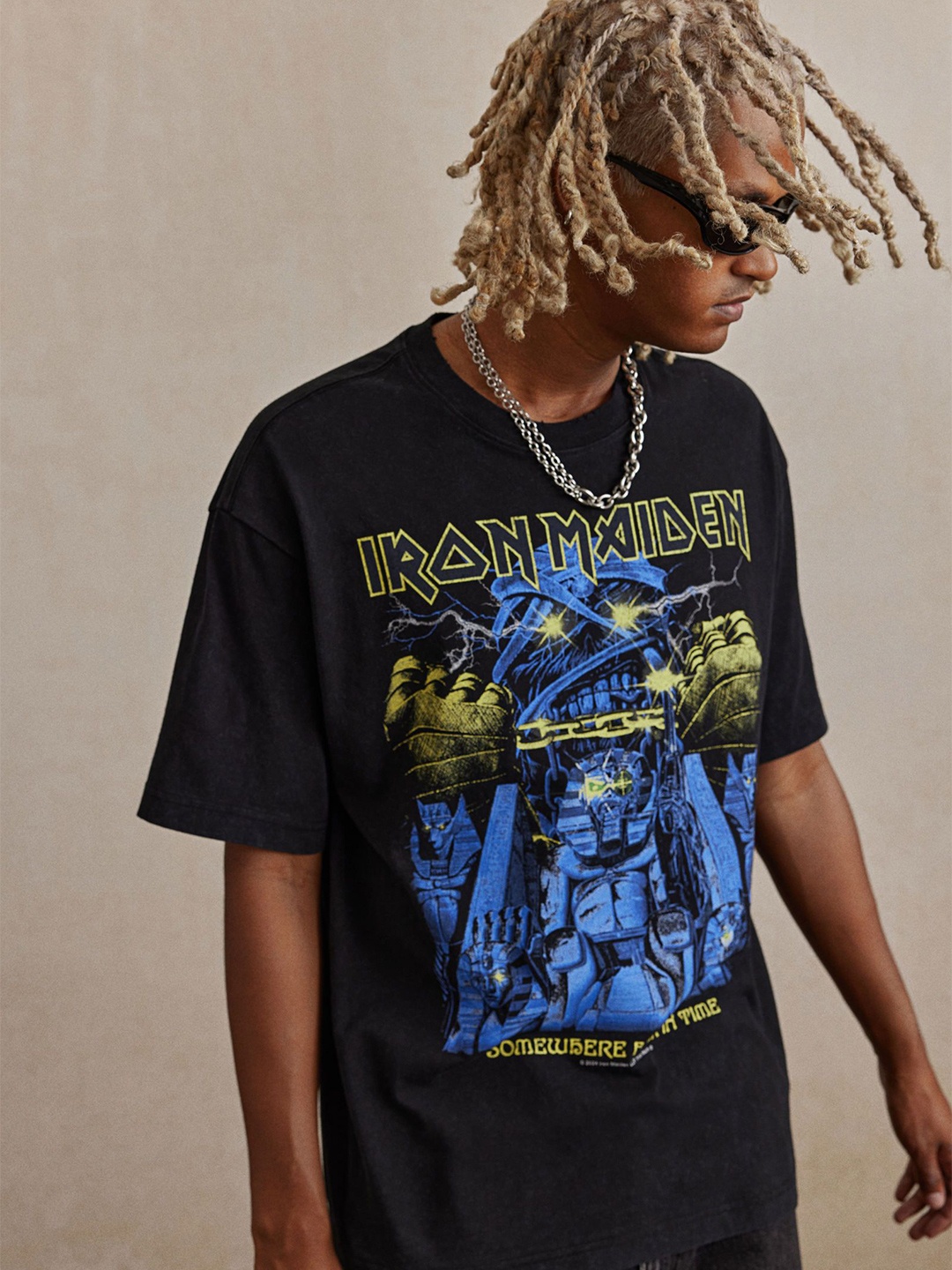 

H&M Loose Fit Vintage-Look Printed T-Shirt, Black