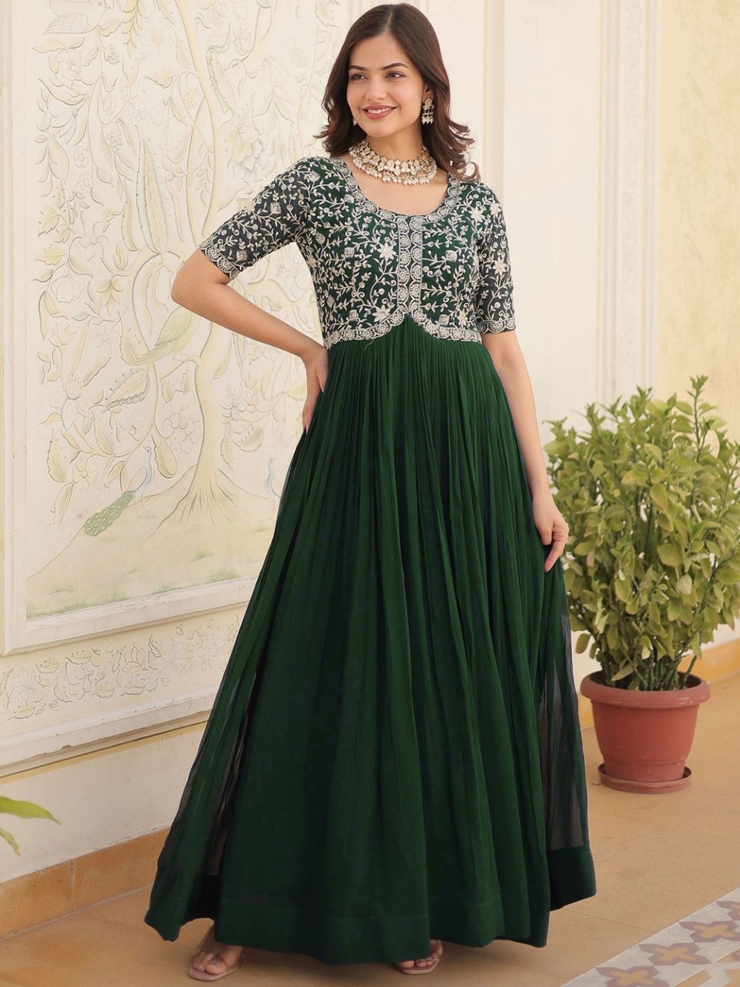 Jayalakshmi Silks Floral Embroidered Georgette Fit and Flare Ethnic Dress, Green