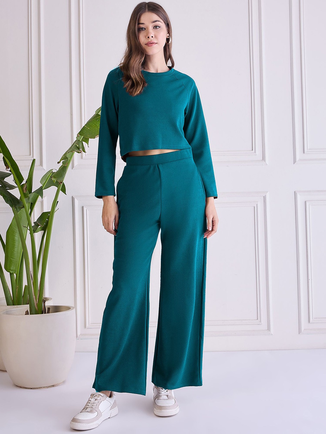 WESTHOOD Round Neck Long Sleeves Top With Trouser, Blue