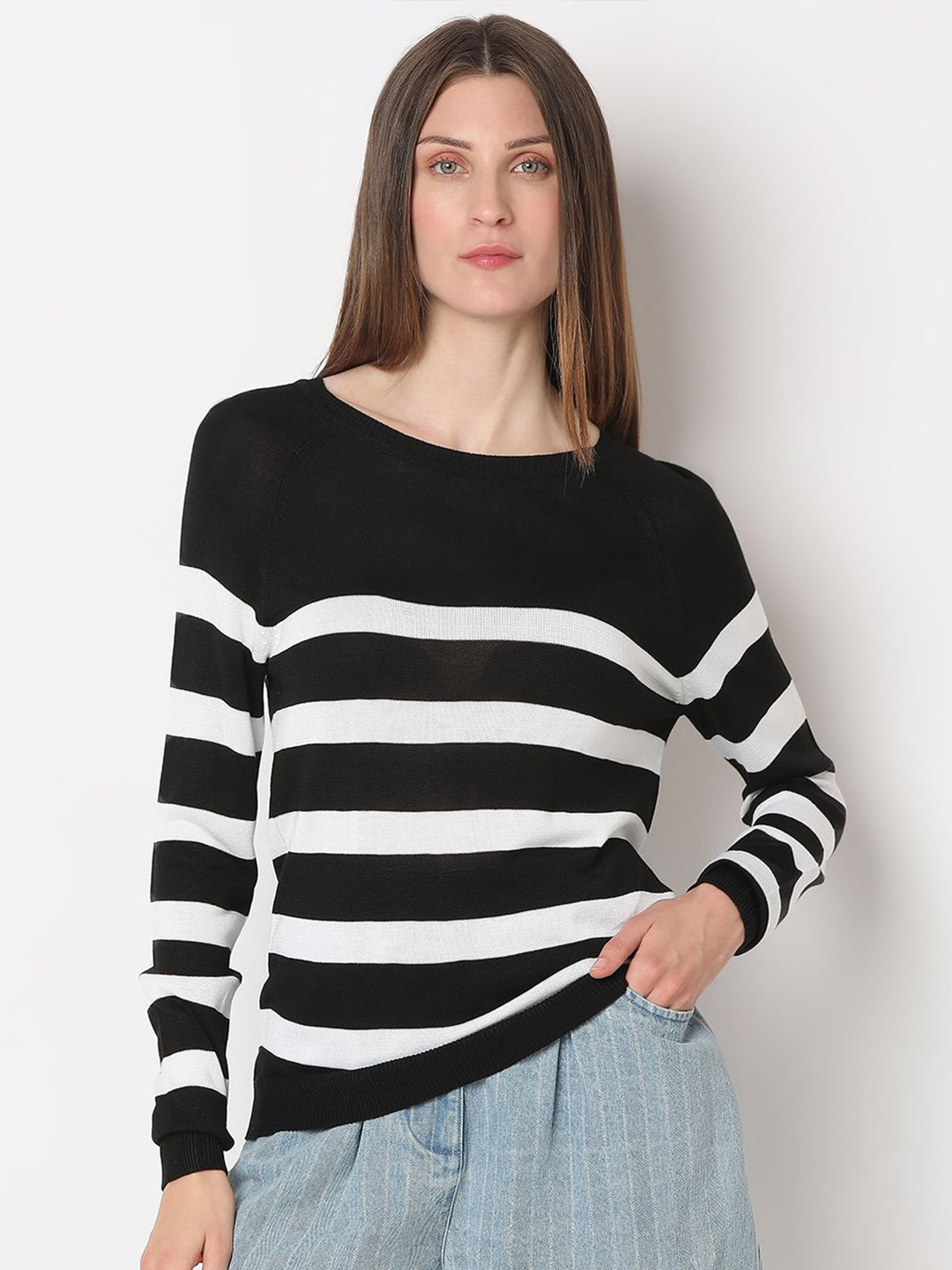 

Vero Moda Women Striped Boat Neck Long Sleeves Pullover, Black