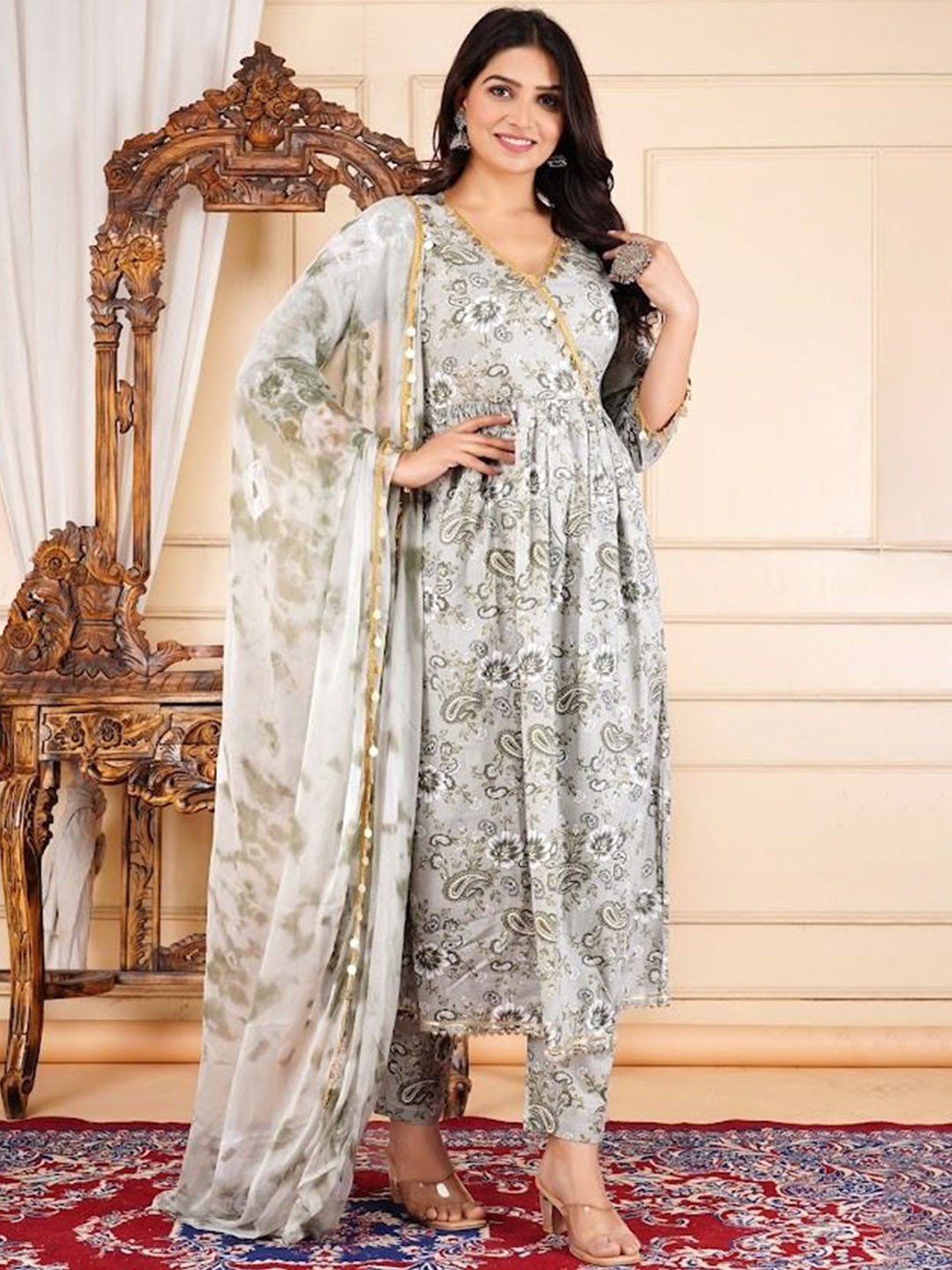 

SUBHLAXMI FASHION Floral Printed Gotta Patti Angarkha Cotton Kurta With Trousers & Dupatta, Grey
