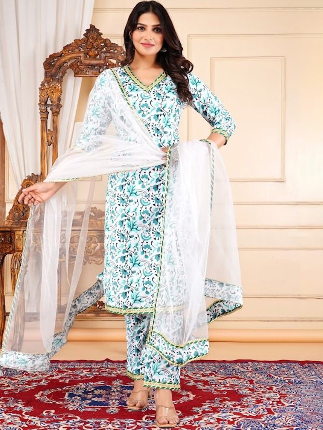 

SUBHLAXMI FASHION Floral Printed Straight Pure Cotton Kurta With Trousers & Dupatta, White