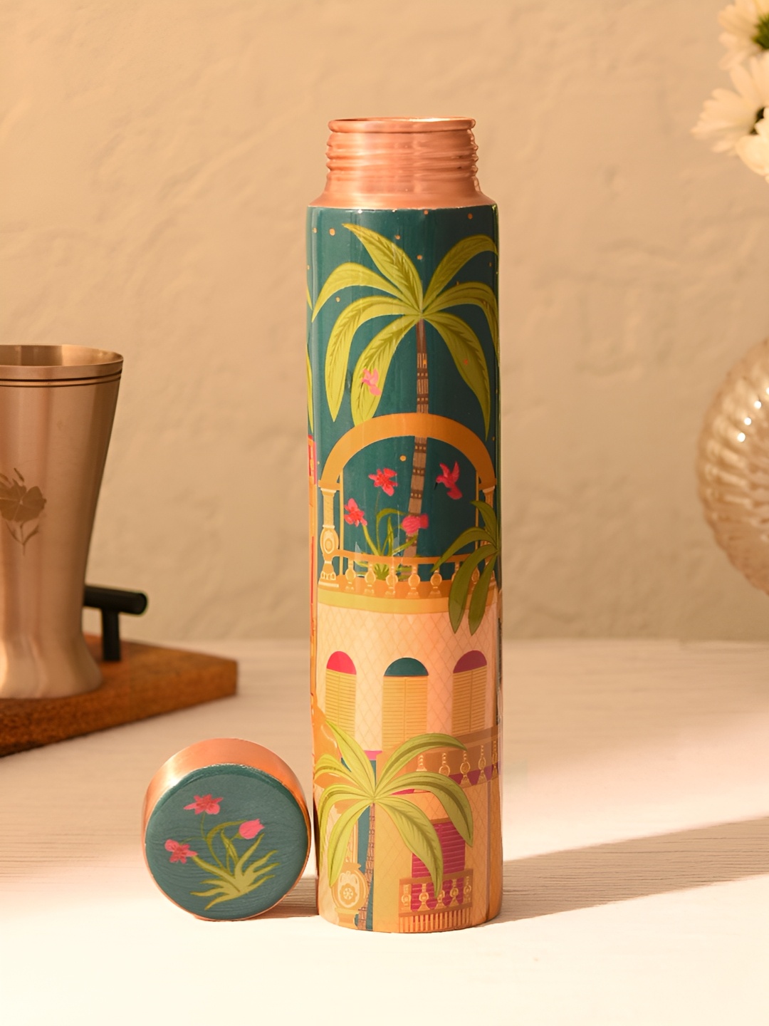 

JAYPORE Blue & Green Copper Floral Printed Water Bottle