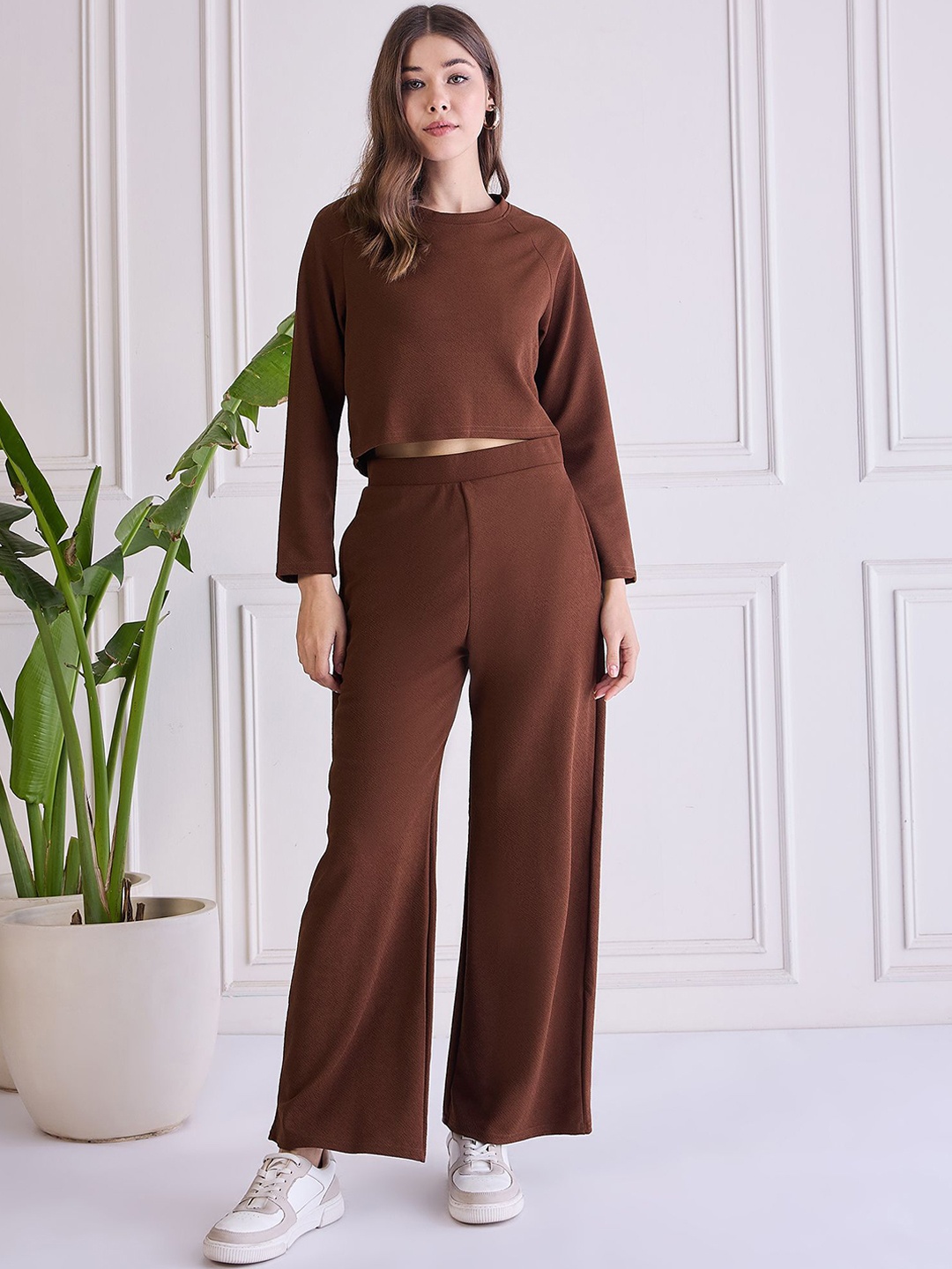 

WESTHOOD Round Neck Long Sleeves Top With Trouser, Coffee brown