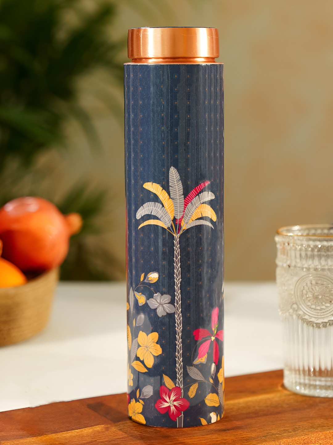 

JAYPORE Blue & Red Copper Floral Printed Water Bottle