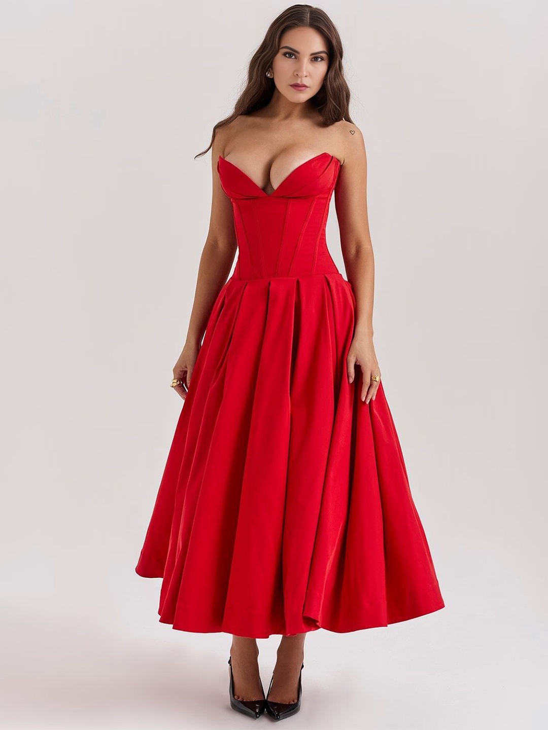 Bee Boe Satin Strapless Corset Maxi Dress, Red