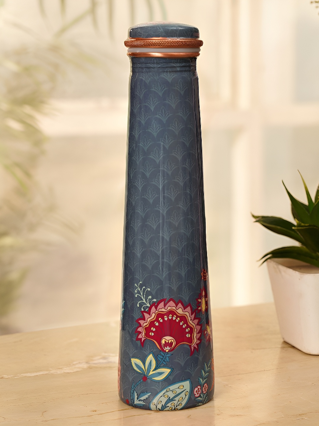 

JAYPORE Blue & Red Copper Floral Printed Water Bottle