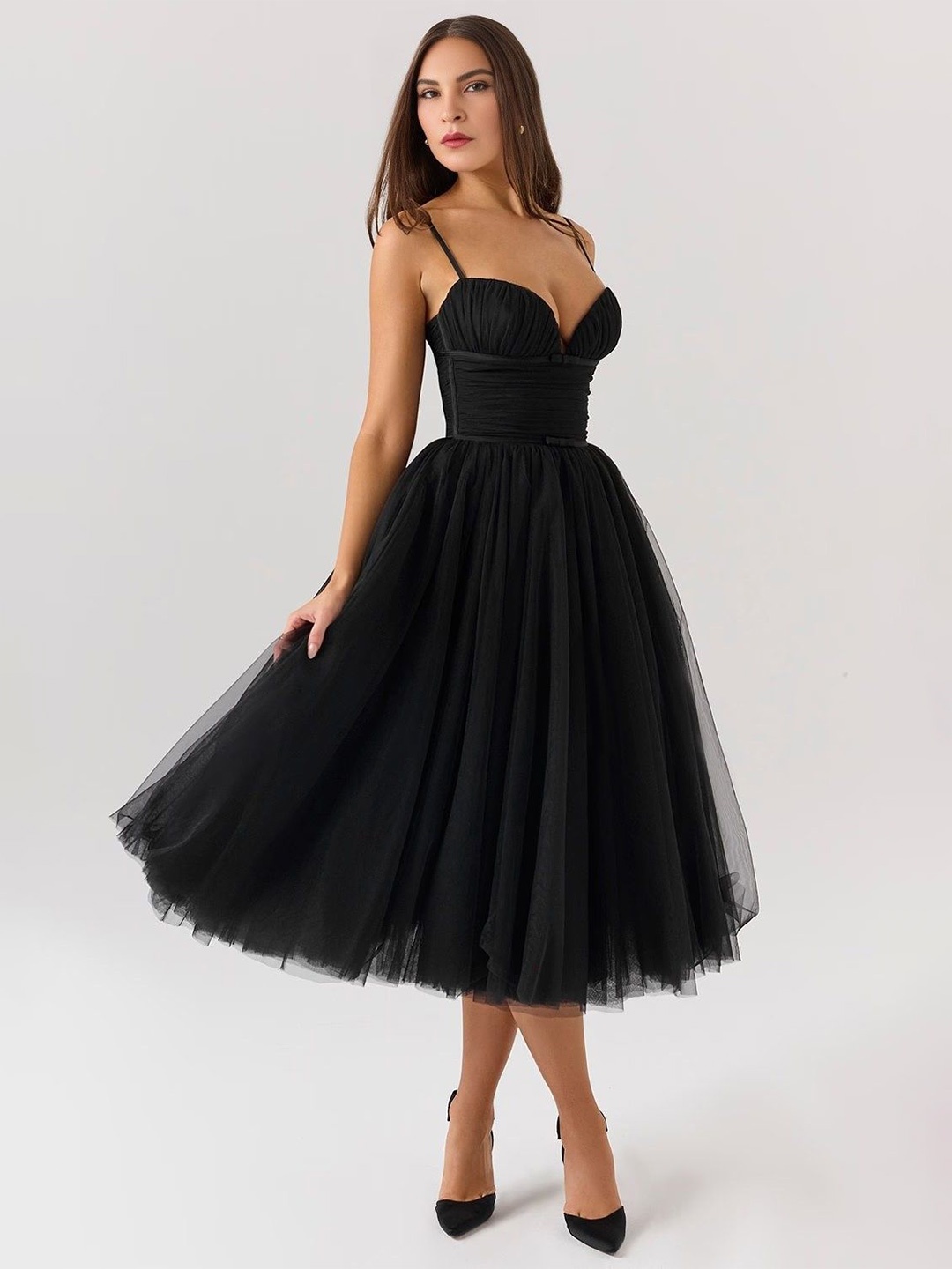 

Bee Boe Net Fit & Flare Midi Dress, Black
