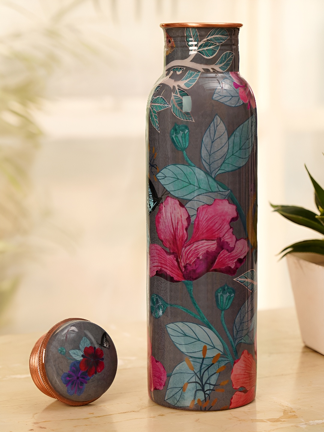 

JAYPORE Brown & Green Copper Floral Printed Water Bottle