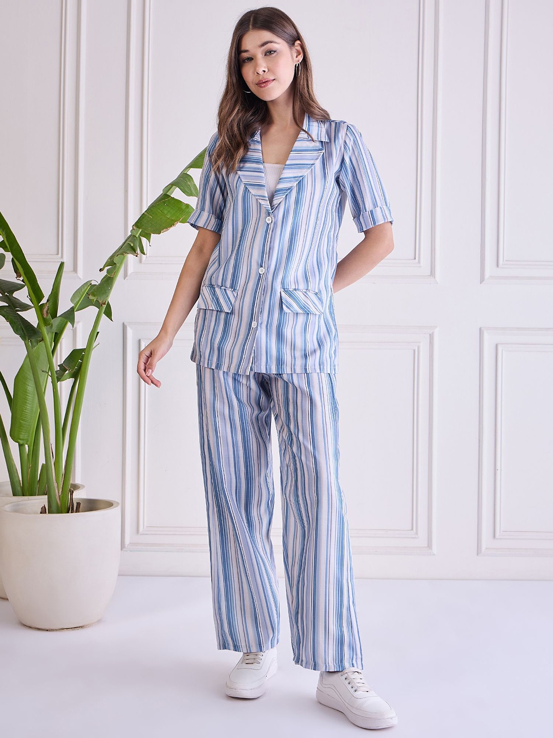 

WESTHOOD Striped Lapel Collar Short Sleeves Blazer With Trouser, Blue