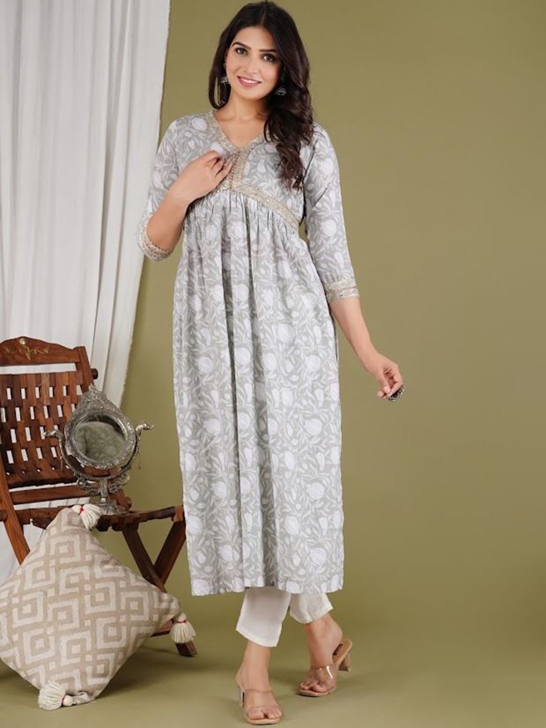 

SUBHLAXMI FASHION Floral Printed Mirror Work Empire Pure Cotton A-Line Kurta With Pyjama, Grey
