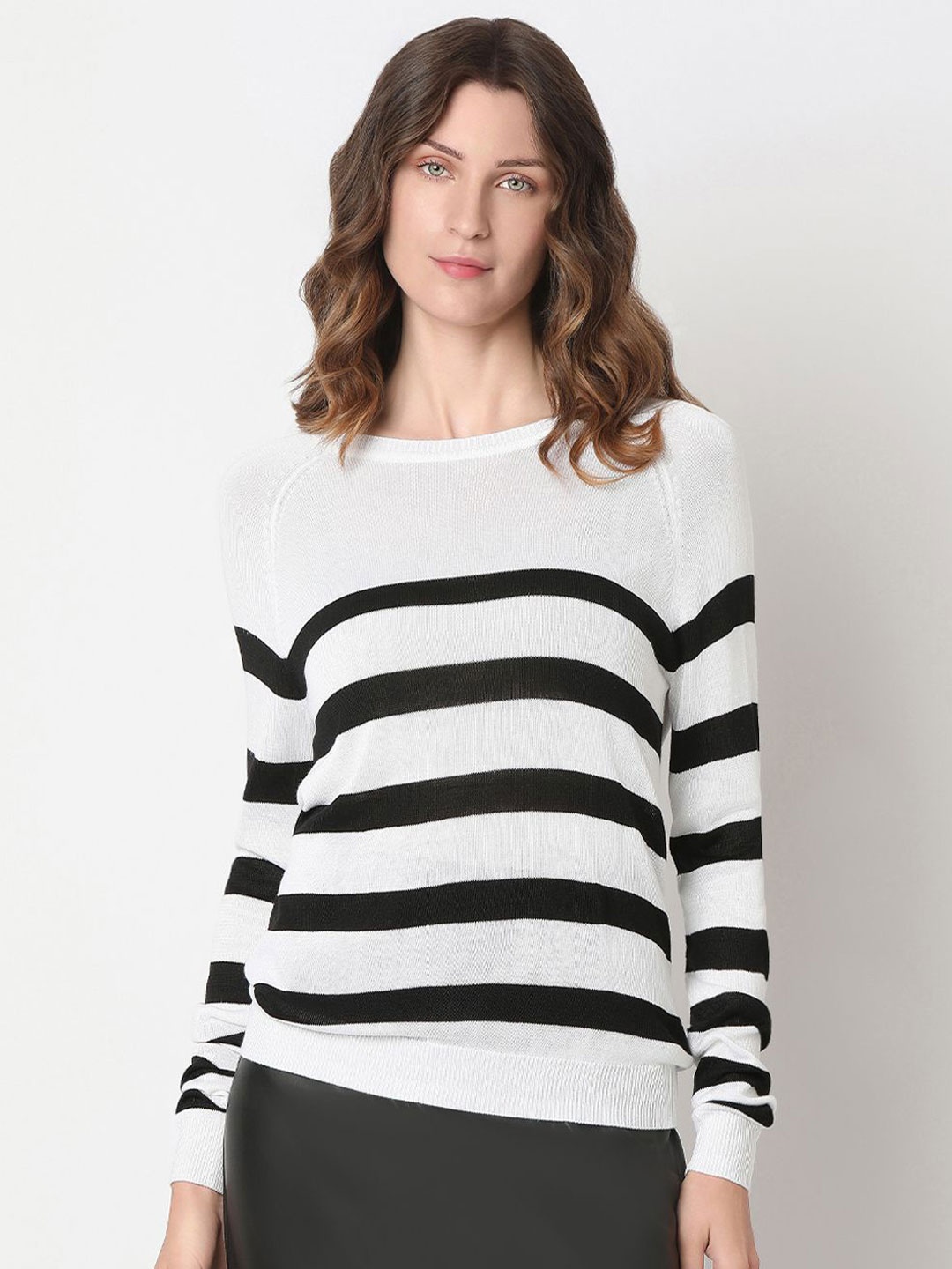 Vero Moda Women Striped Colourblocked Pullover Sweater, White
