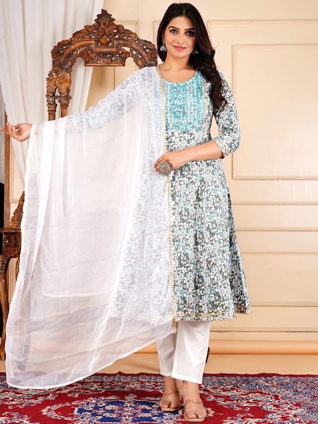

SUBHLAXMI FASHION Floral Printed Mirror Work Pure Cotton Kurta With Trousers & Dupatta, Grey