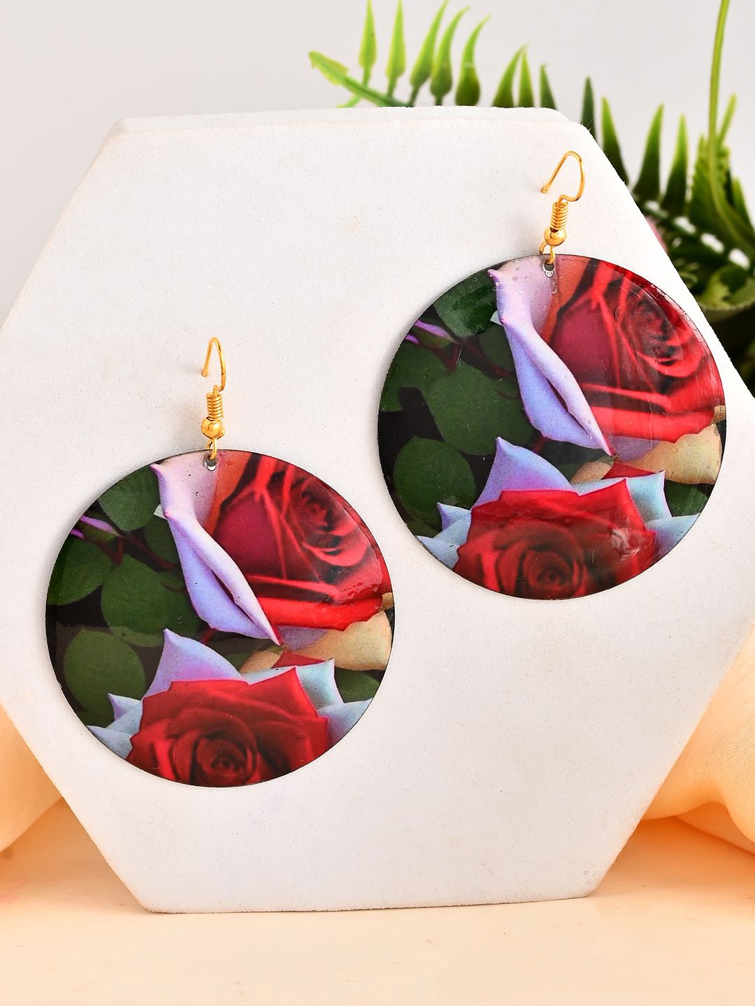 

Silvermerc Designs Gold Plated Floral Printed Leaf Shaped Drop Earrings