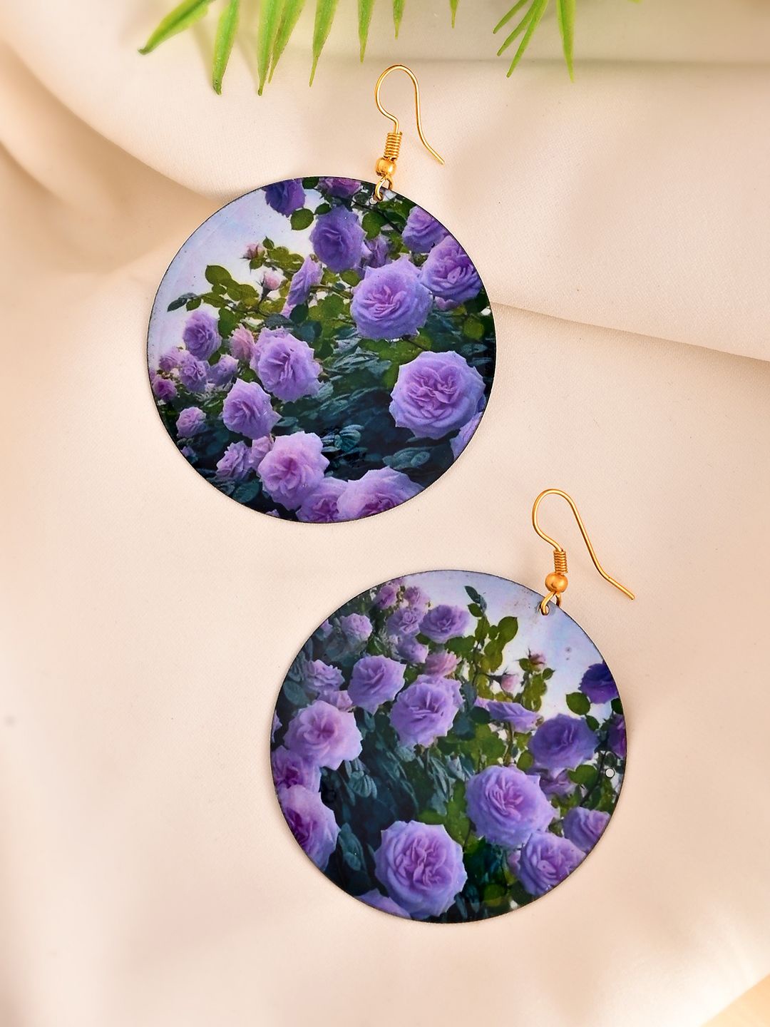 

Silvermerc Designs Gold Plated Purple Rose Printed Spherical Shaped Drop Earrings