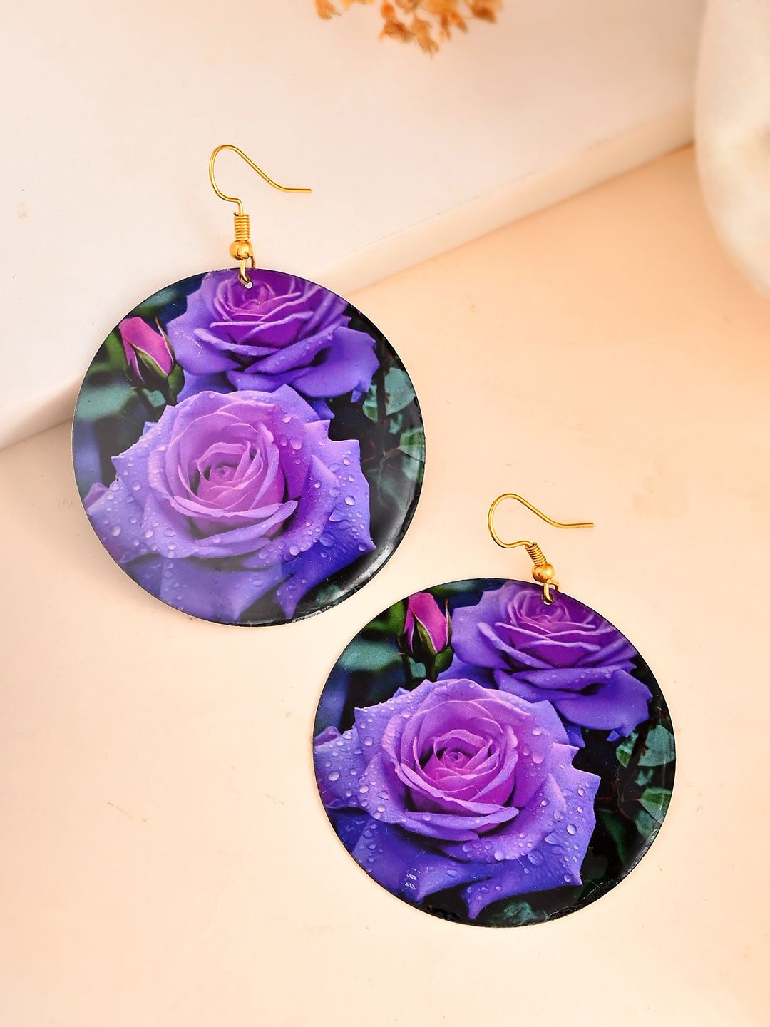 

Silvermerc Designs Purple Rose Printed Gold Plated Leaf Shaped Drop Earrings