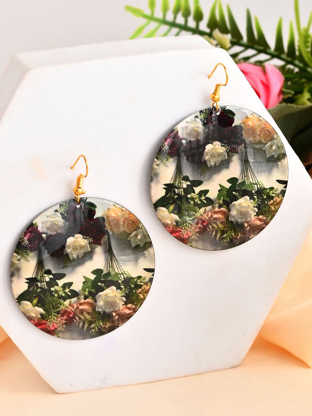 Silvermerc Floral Printed Circular Shaped Drop Earrings, Red