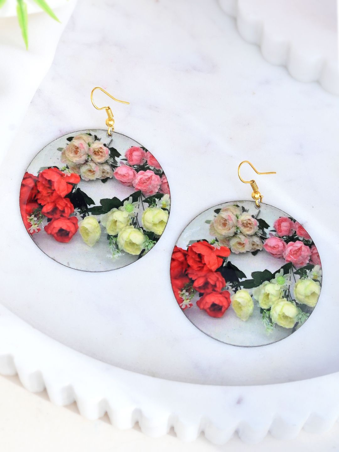 

Silvermerc Designs Floral Printed Gold Plated Leaf Shaped Drop Earrings, Red