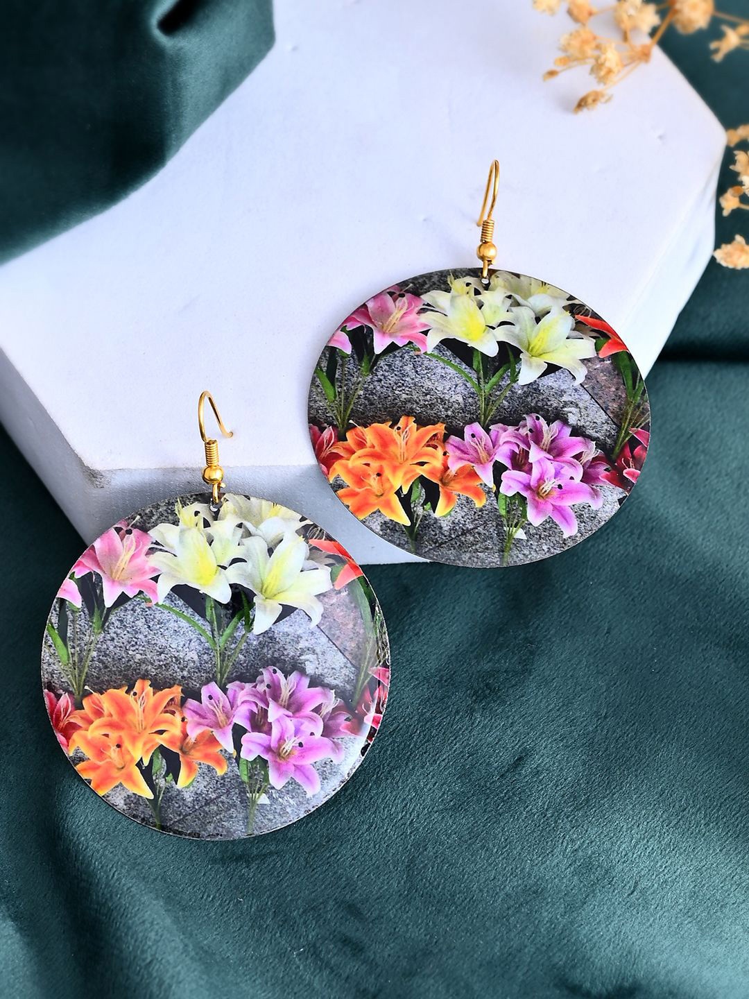 Silvermerc Designs Floral Printed Circular Shaped Drop Earrings, Pink