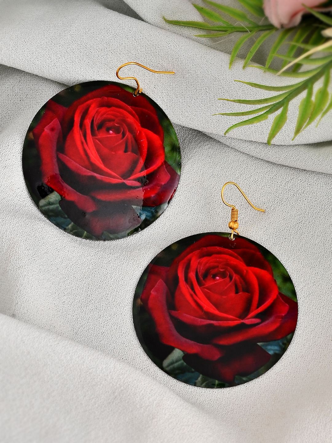 Silvermerc Designs Rose Floral Circular Shaped Drop Earrings, Red