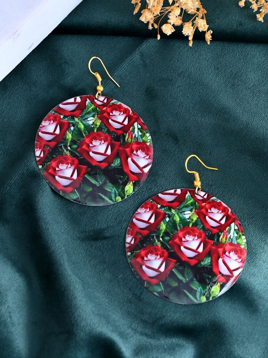 Silvermerc Rose Designs Gold-Plated Circular Shaped Drop Earrings, Red