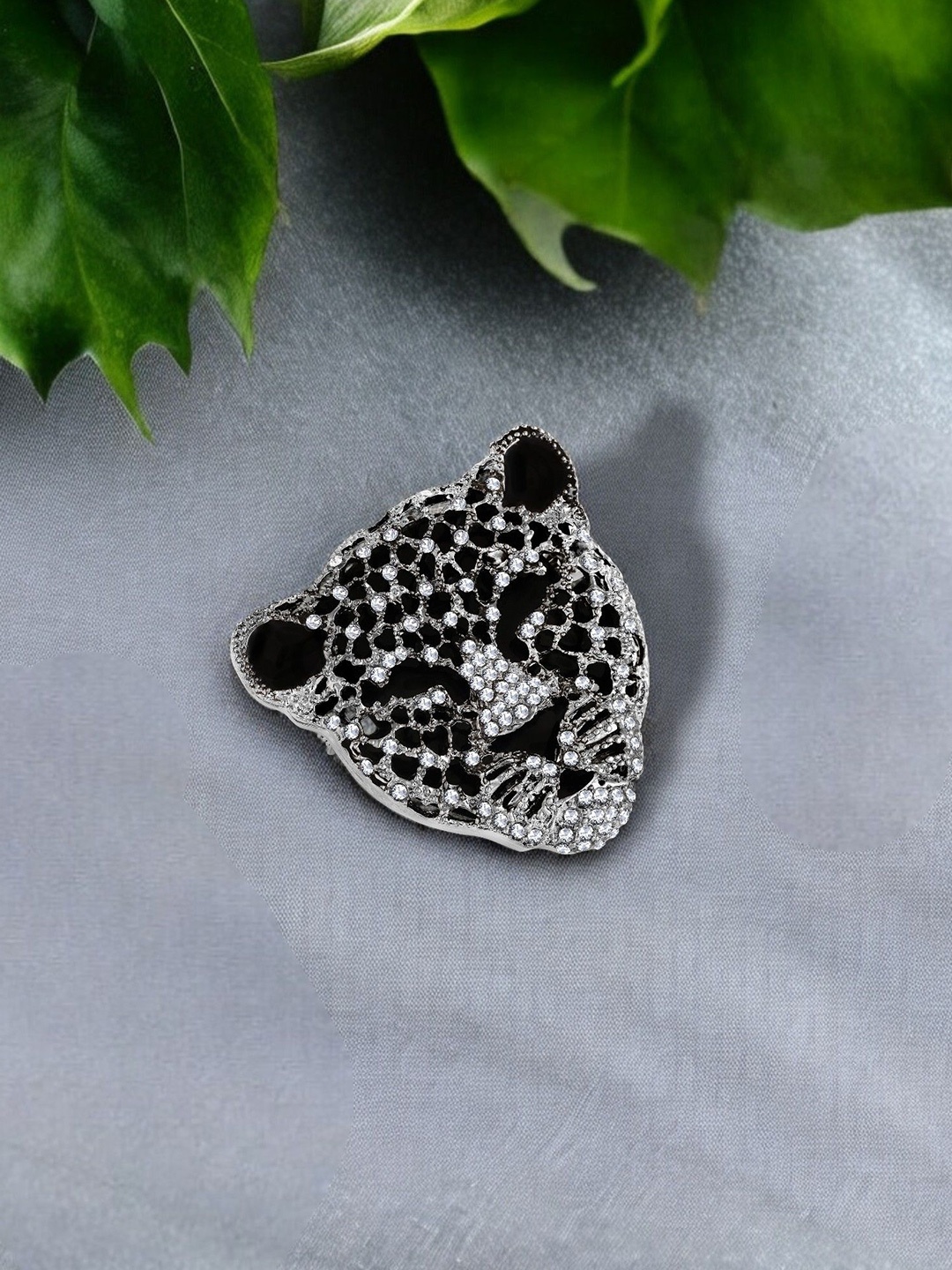 Mahi Men Stone Studded Lion-Face-Shaped Brooch, Black