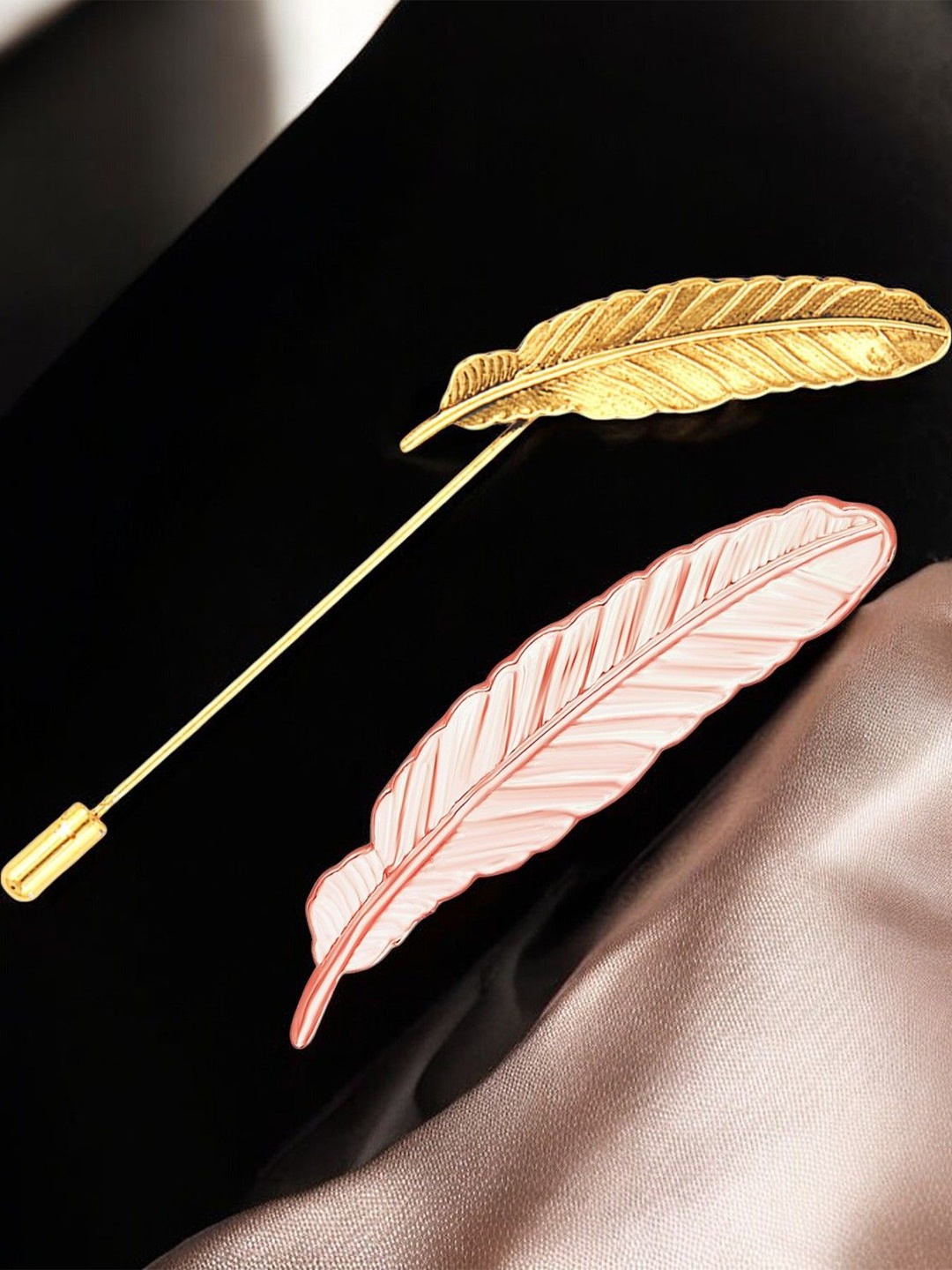 Mahi Men Set Of 2 Leaf Brooch, Gold