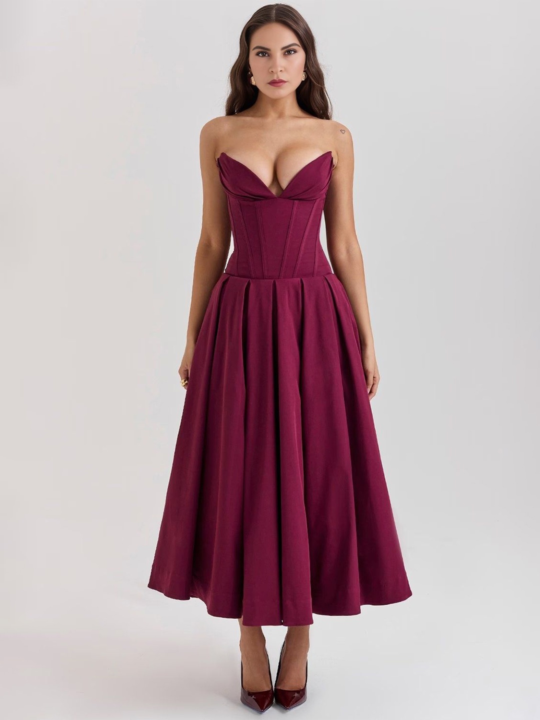 

Bee Boe Satin Strapless Corset Maxi Dress, Burgundy
