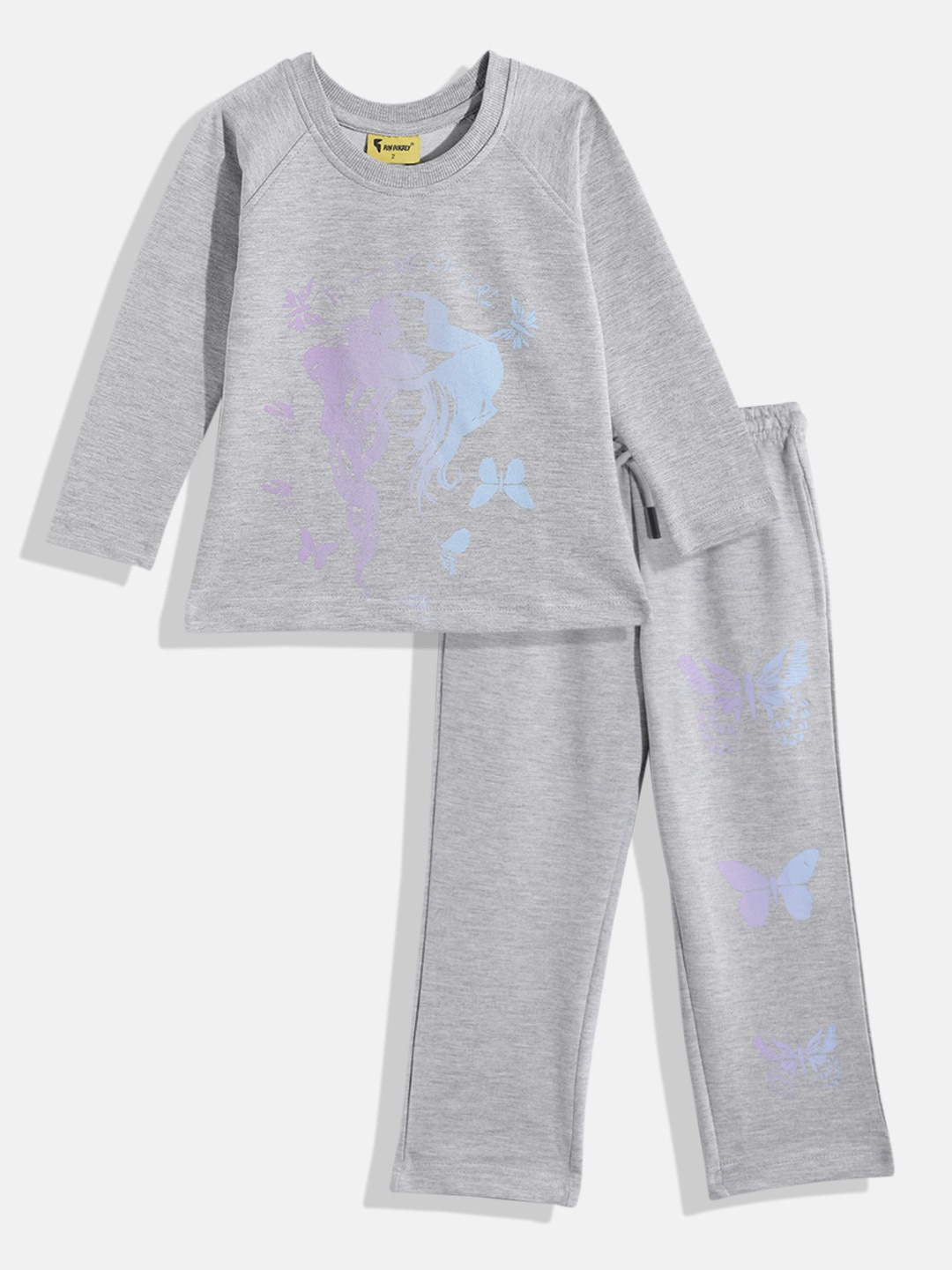 

KOKOMO Girls Printed Pure Cotton T-shirt with Pyjamas, Grey melange