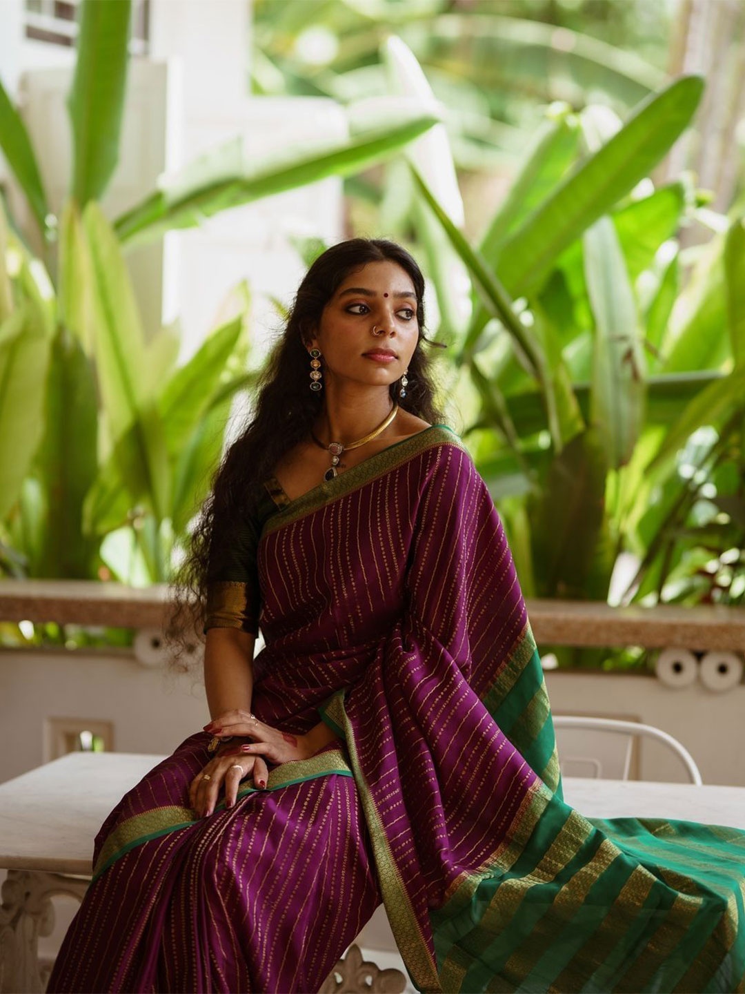 

ZIKARAA Striped Woven Design Zari Pure Silk Saree, Purple