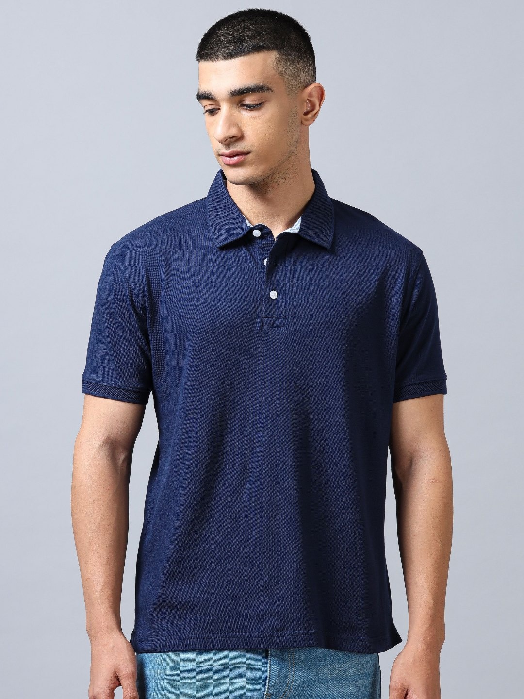 

THINC Men Solid Polo Collar Slim Fit Cotton T-shirt, Navy blue