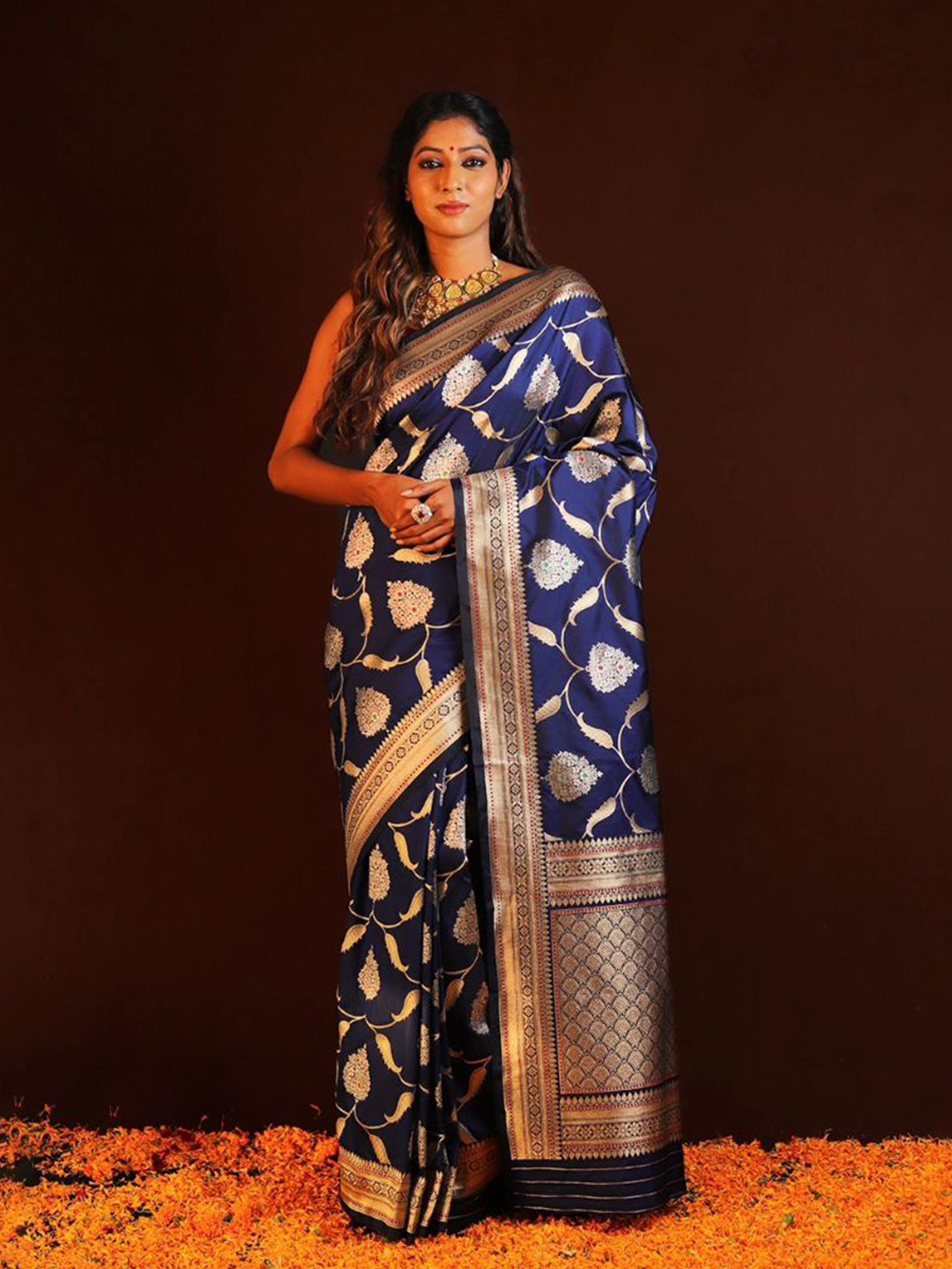 ZIKARAA Woven Design Zari Pure Silk Saree, Navy blue