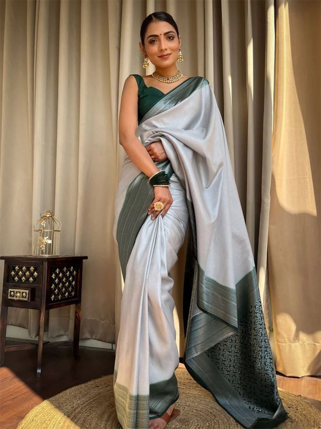ZIKARAA Woven Design Zari Pure Silk Saree, Grey