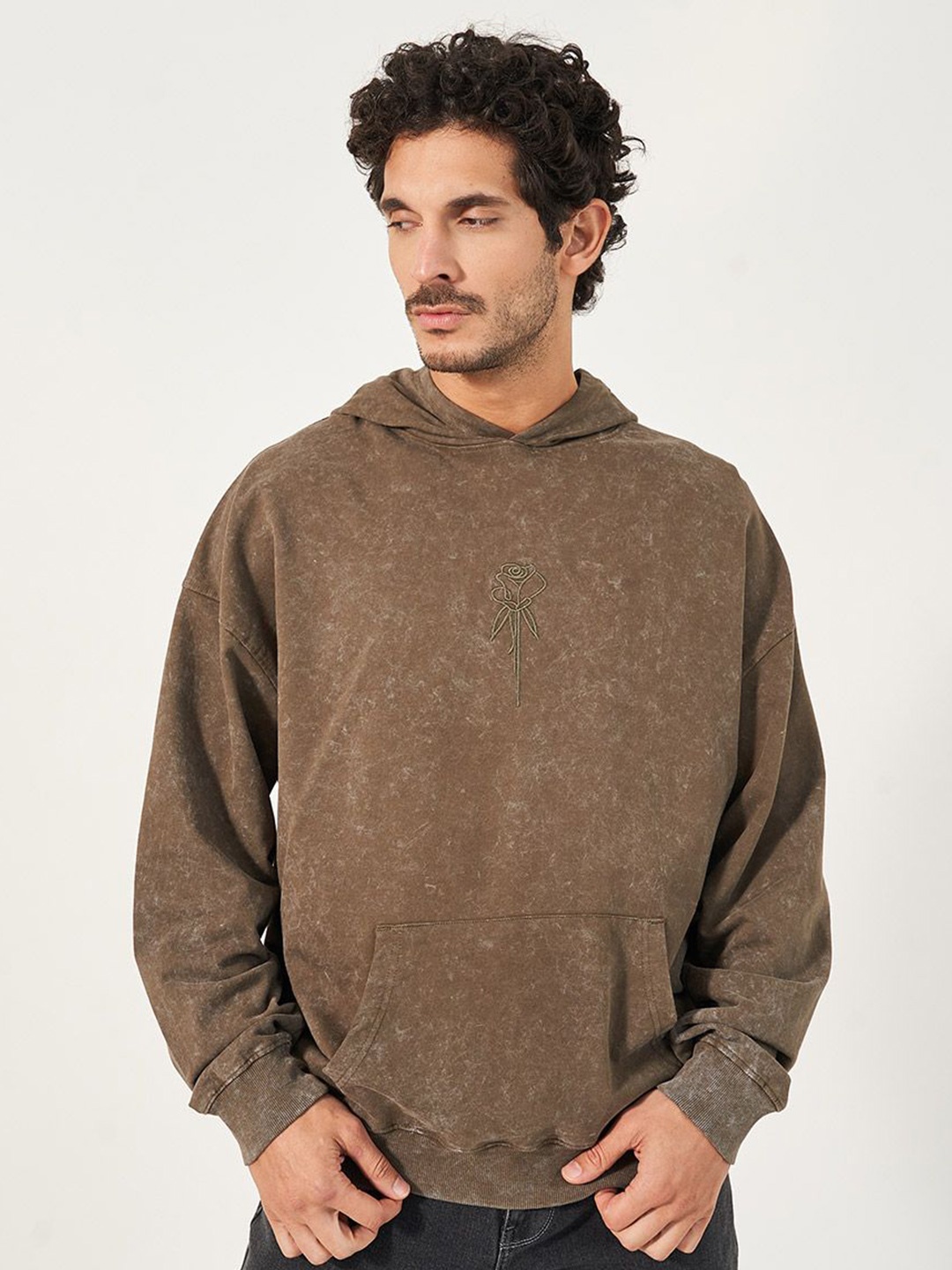 

Styli Men Acid Washed Oversized Hoodie, Olive