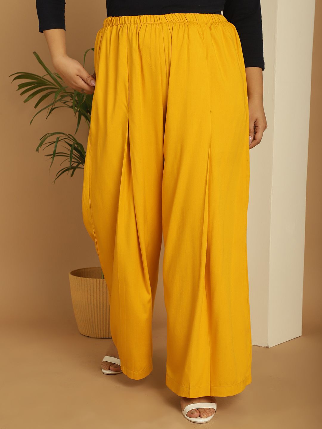 theRebelinme Women Flared Plus Size Pleated Palazzos, Mustard
