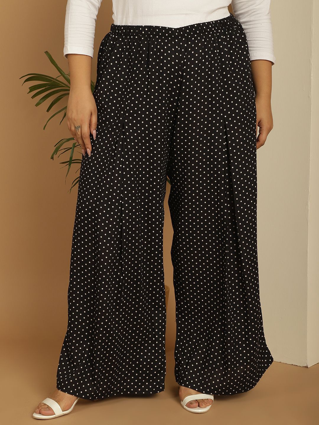 

theRebelinme Women Plus Size Polka Dots Printed Flared Palazzos, Black