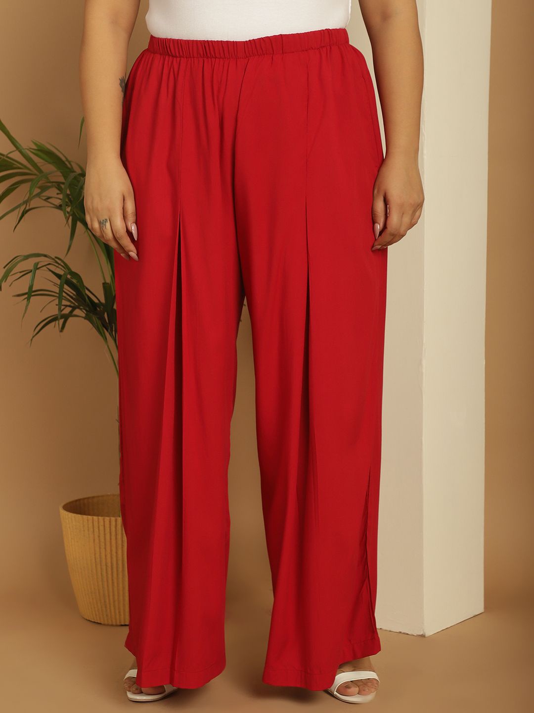 

theRebelinme Women Plus Size Flared Palazzos, Red