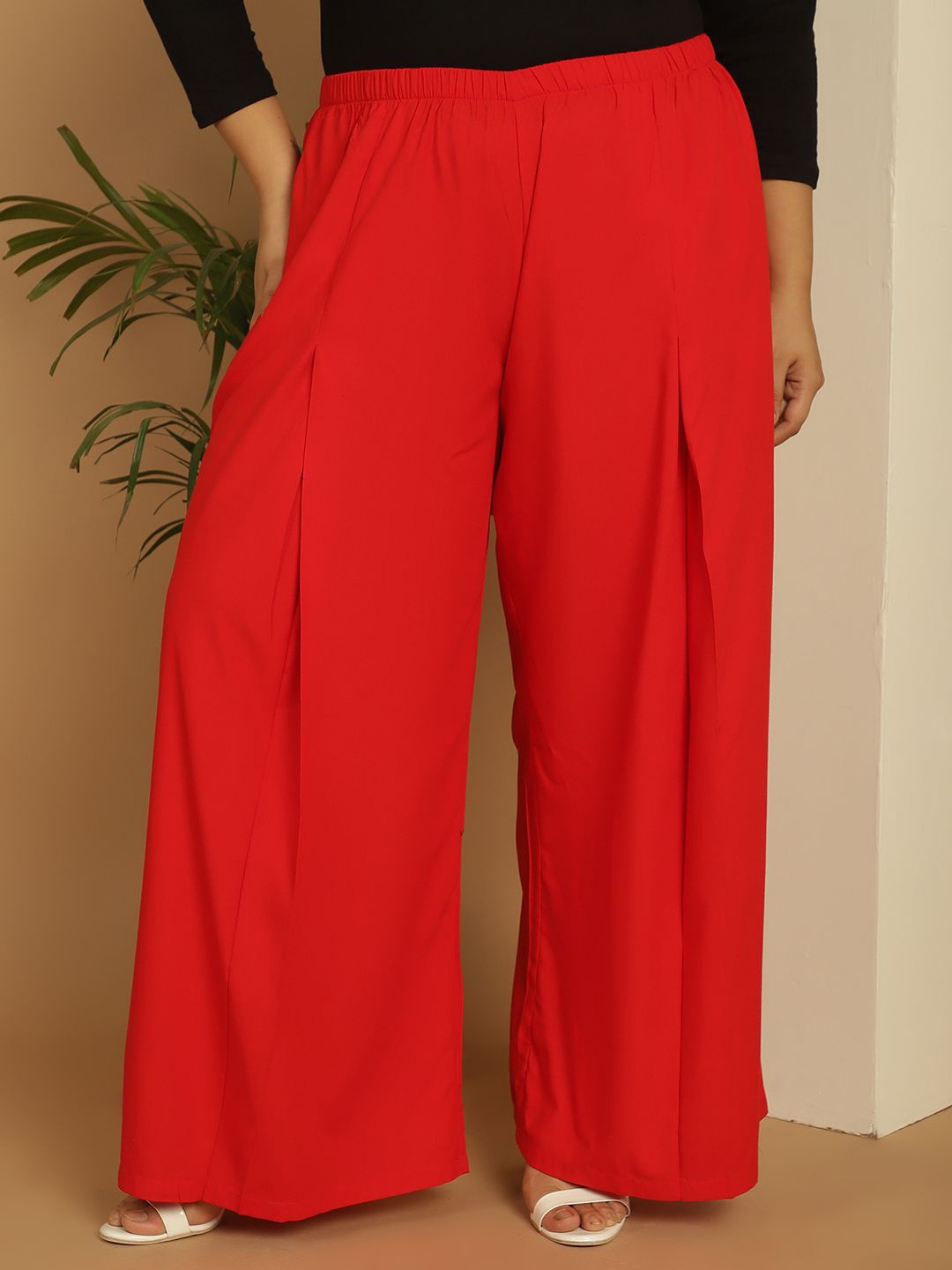 

theRebelinme Women Plus Size Flared Palazzos, Red