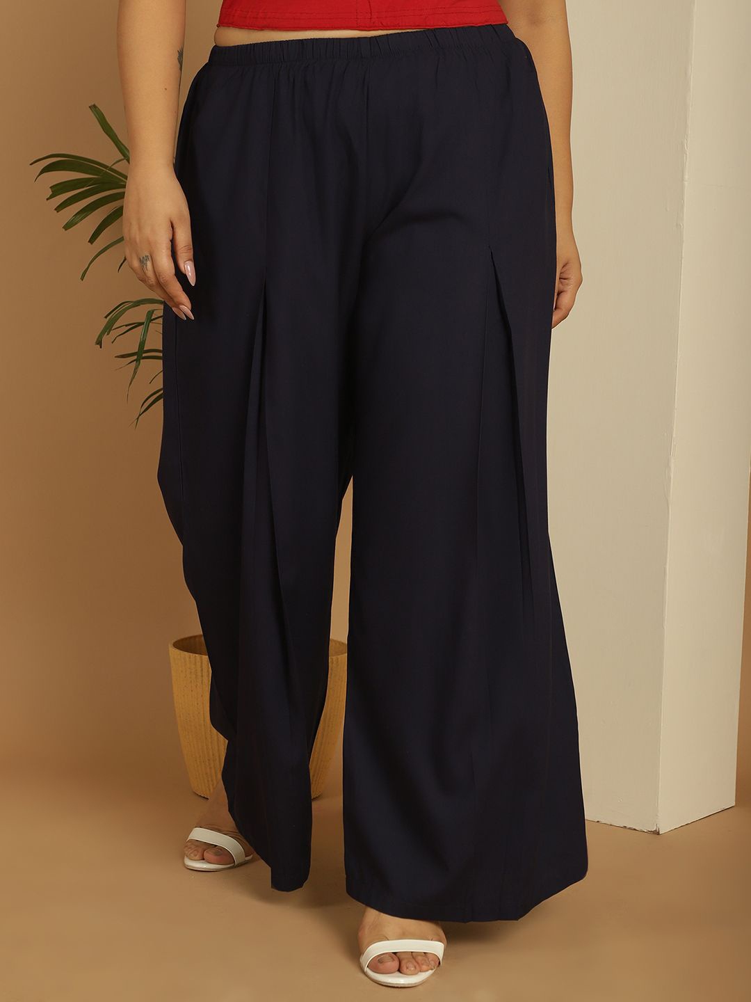 

theRebelinme Women Plus Size Flared Palazzos, Navy blue