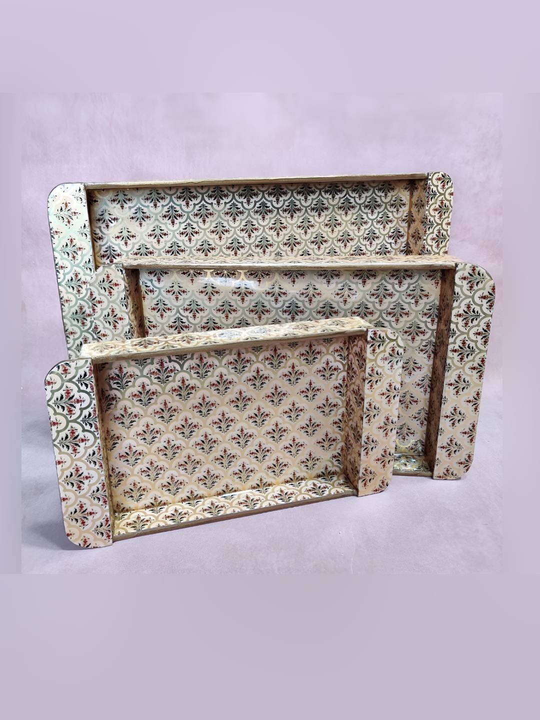 

THE HOME CO. Peach-Coloured 3 Pieces Ethnic Motifs Wood Dishwasher Safe Serving Trays