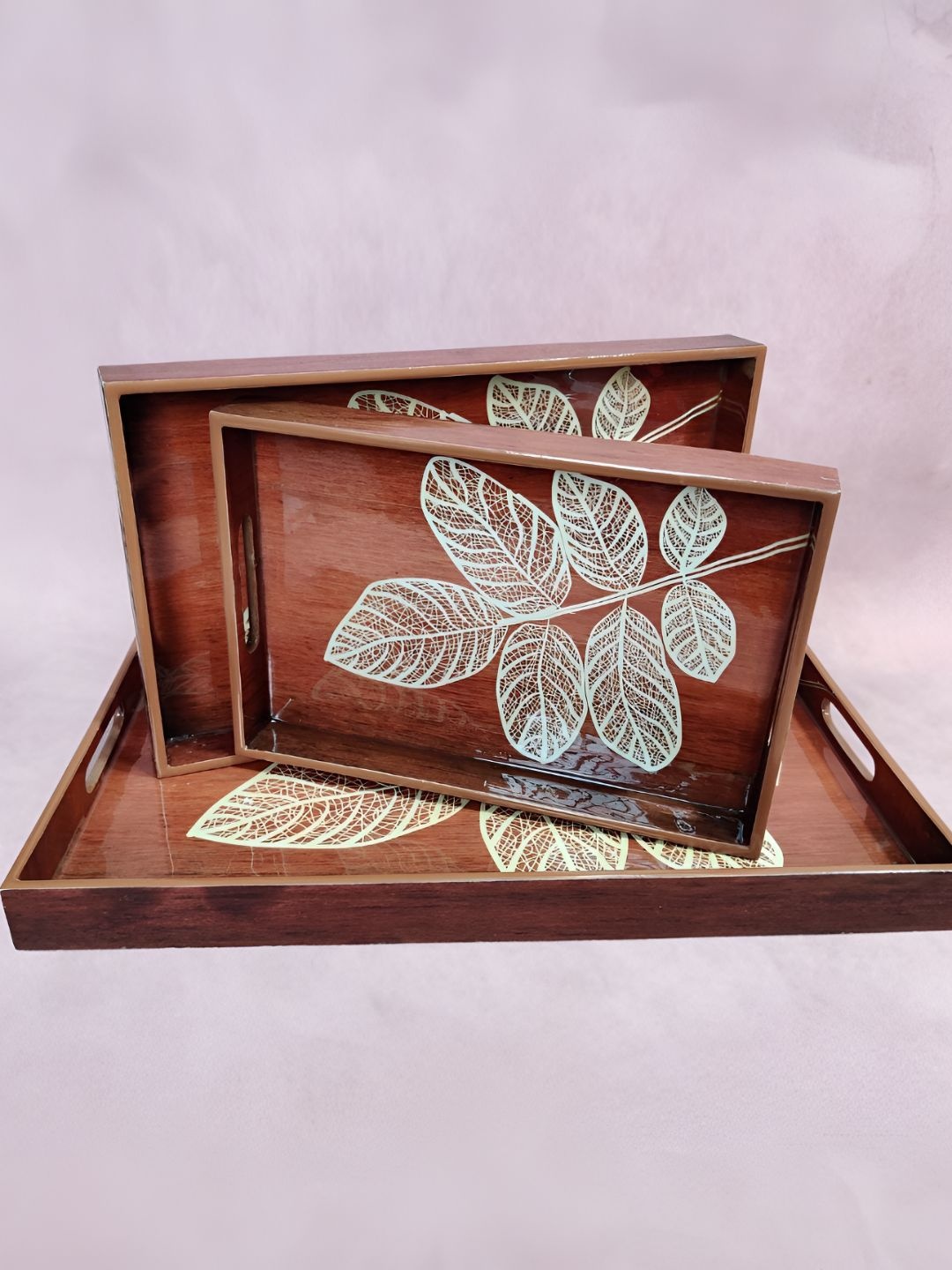 

THE HOME CO. Brown 3 Pieces Floral Wood Dishwasher Safe Serving Trays
