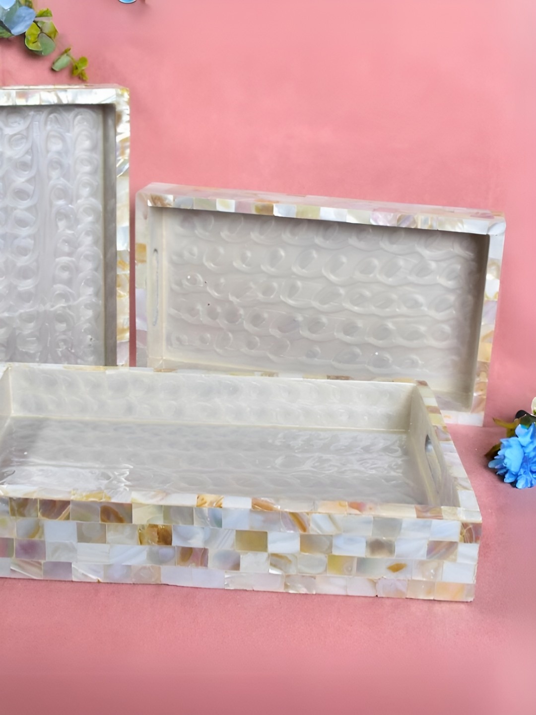 

THE HOME CO. White 3 Pieces Printed Wood Dishwasher Safe Serving Trays