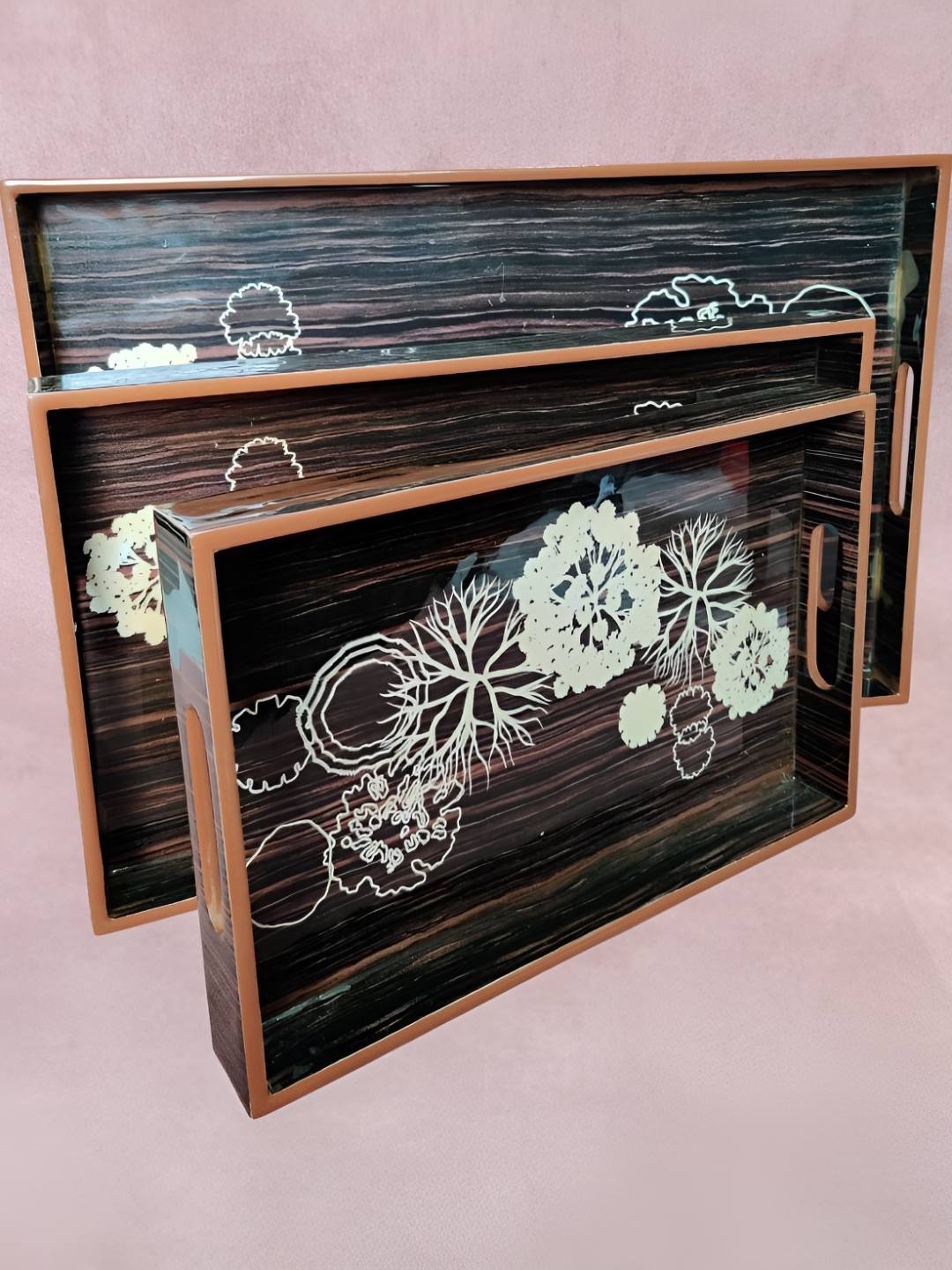 

THE HOME CO. Brown & White Floral 3 Pieces Wood Dishwasher Safe Serving Trays