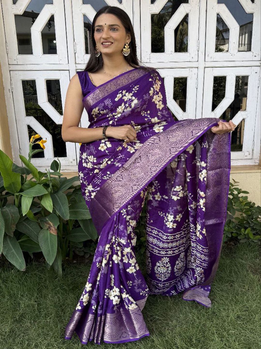 Sadika Floral Printed Woven Design Zari Banarasi Saree, Purple