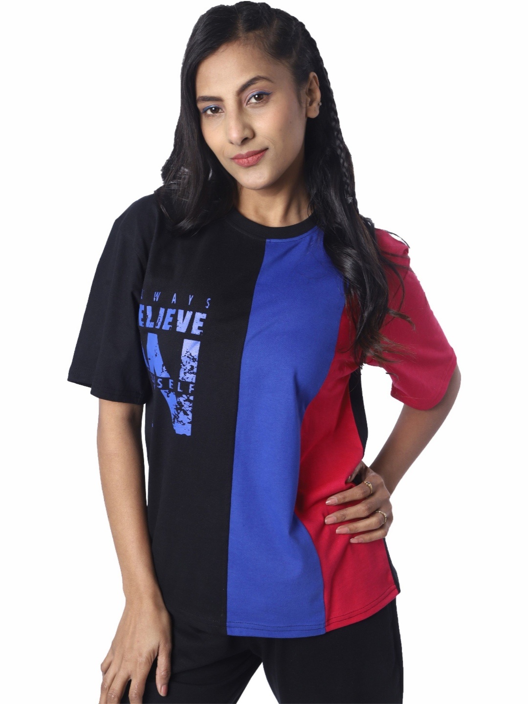 

London Hills Women Colourblocked Round Neck Cotton T-shirt, Navy blue