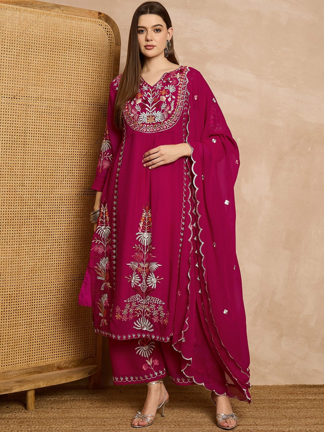 

KALINI Floral Embroidered Thread Work Kurta with Palazzos & Dupatta, Magenta