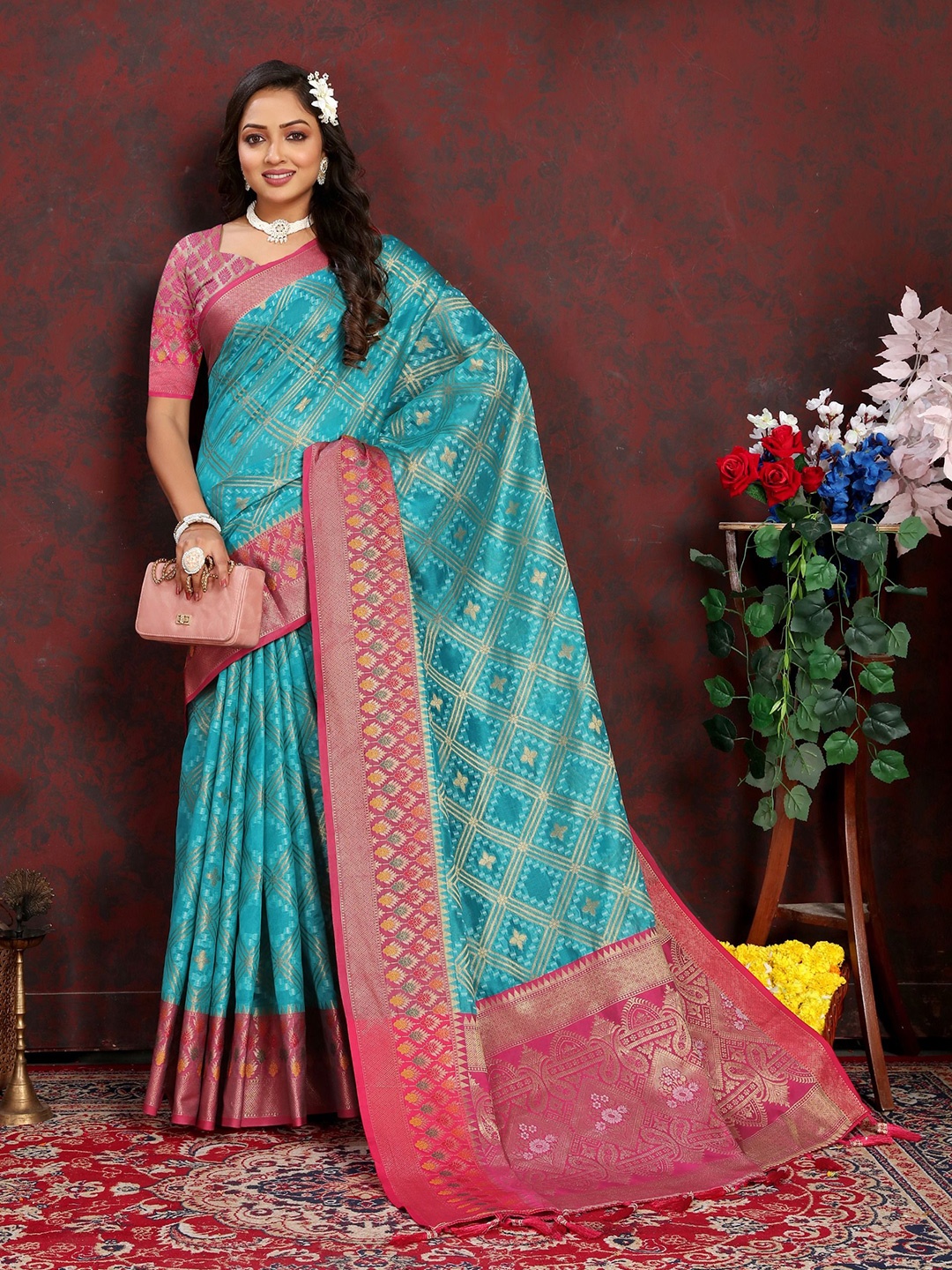 

bansari textiles Woven Design Zari Kanjeevaram Saree, Turquoise blue