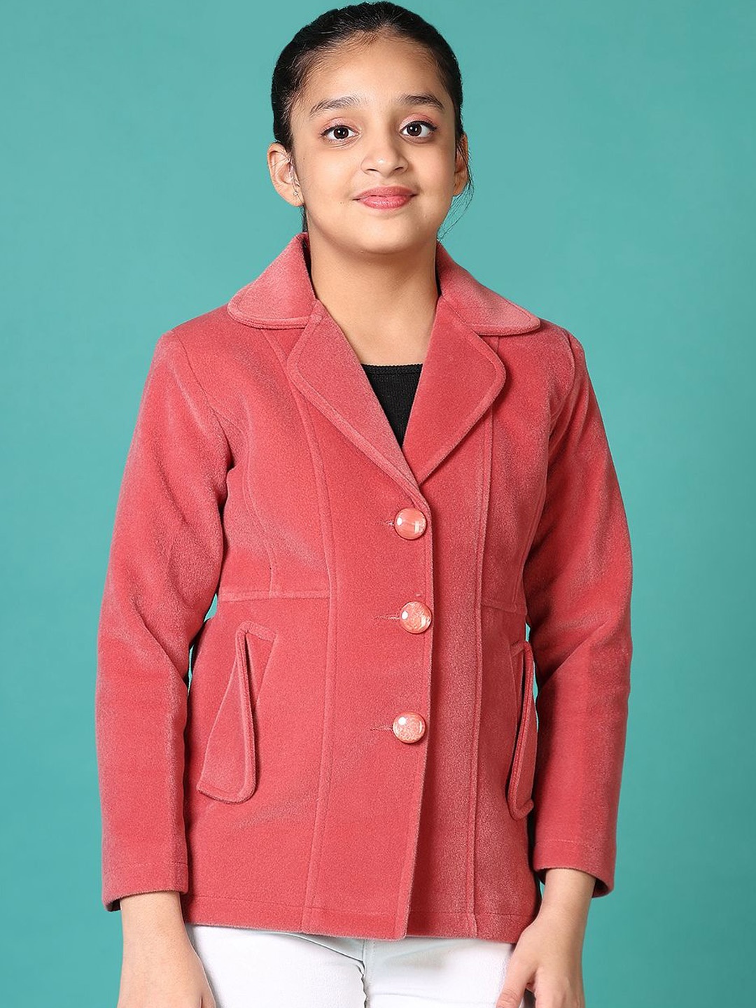 

V-Mart Girls Solid Lapel Collar Tailored Jacket, Coral
