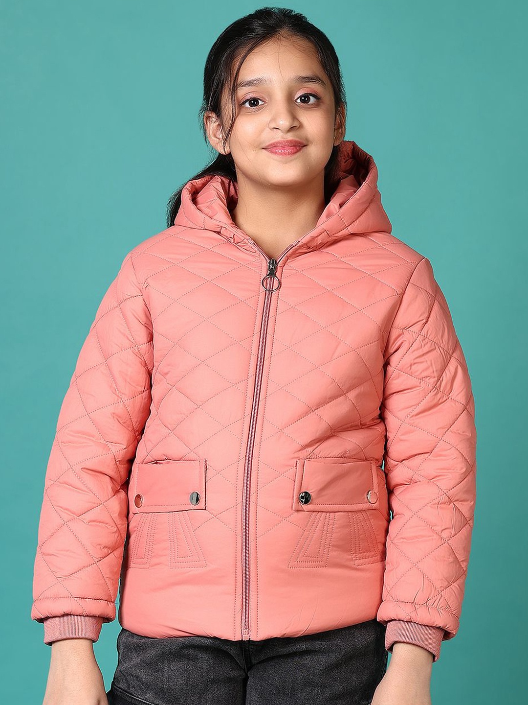 

V-Mart Girls Hooded Solid Cotton Casual Cotton Quilted Jacket, Peach