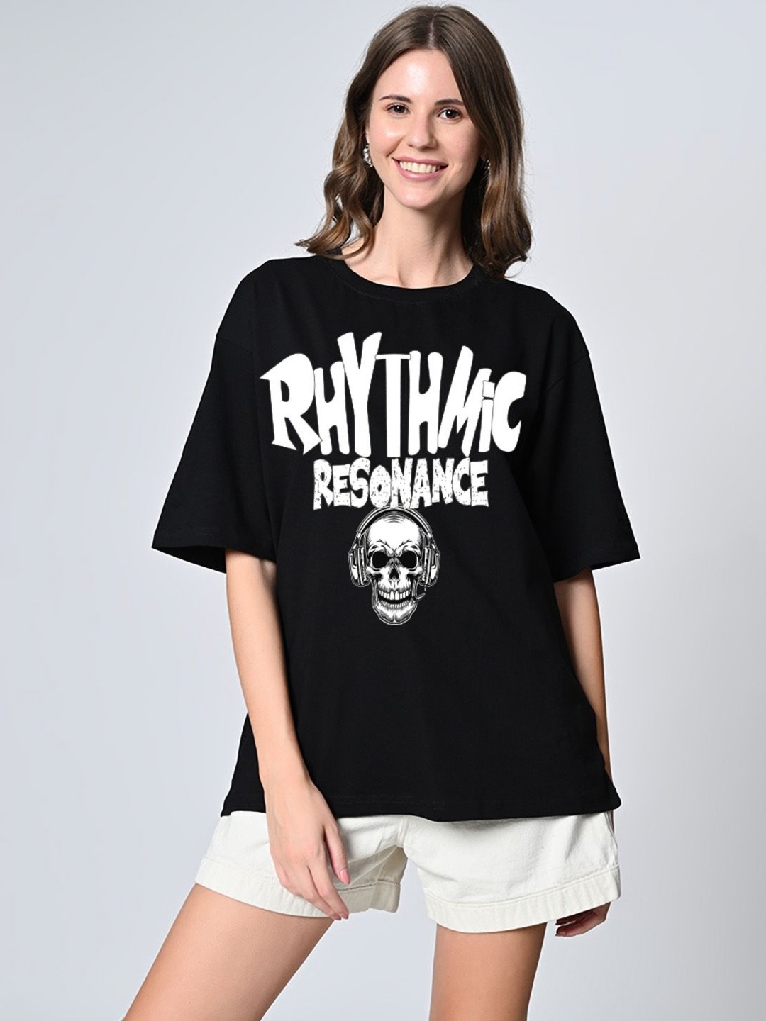 

OWL MINK Typography Printed Round Neck Pure Cotton Baggy T-shirt, Black